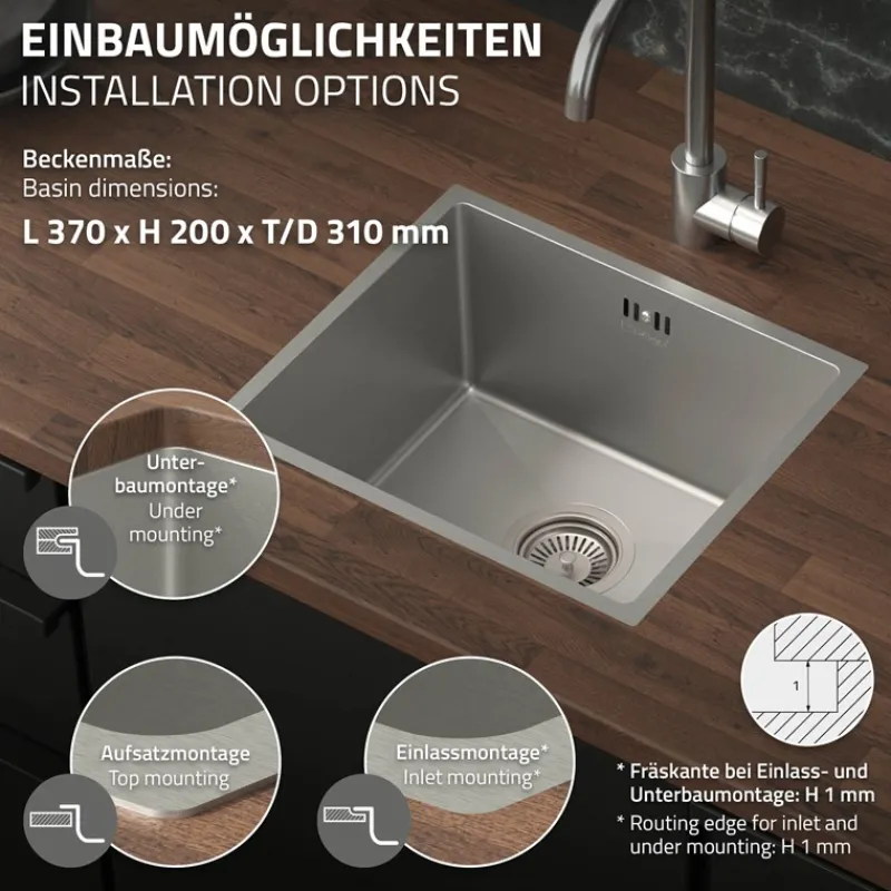 Einbauspüle 34x40 cm Silber mit Ablaufgarnitur und Überlauf aus Edelstahl ML-Design-ECD Germany Online