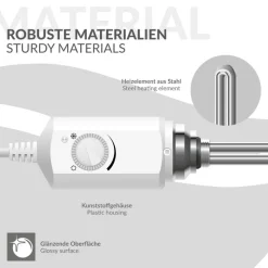 Elektrischer Badheizkörper mit Heizstab 900W 300x1800 mm Weiß gerade mit Seitenanschluss LuxeBath-ECD Germany New