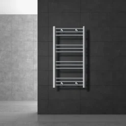 Elektrischer Badheizkörper mit Heizstab 600W 500x800 mm Chrom gebogen Seitenanschluss & Thermostat LuxeBath-ECD Germany New