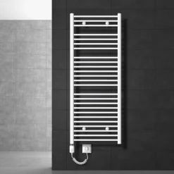 Elektrischer Badheizkörper mit Heizstab 900W 600x1500 mm Weiß gebogen mit Seitenanschluss LuxeBath-ECD Germany Outlet