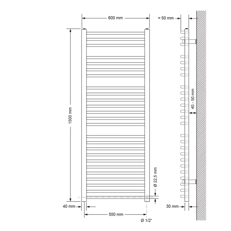 Elektrischer Badheizkörper mit Heizstab 900W 600x1500 mm Weiß gebogen mit Seitenanschluss LuxeBath-ECD Germany Outlet
