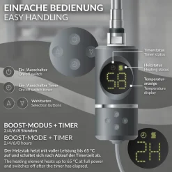 Elektrischer Badheizkörper mit Heizstab 1200W 600x1500 mm Anthrazit gebogen Seitenanschluss & Thermostat Digitalanzeige LuxeBath-ECD Germany Hot