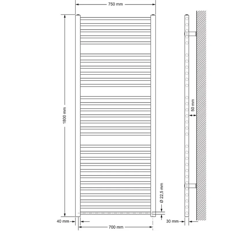 Elektrischer Badheizkörper mit Heizstab 900W 750x1800 mm Weiß gerade Seitenanschluss & Thermostat Digitalanzeige LuxeBath-ECD Germany Best