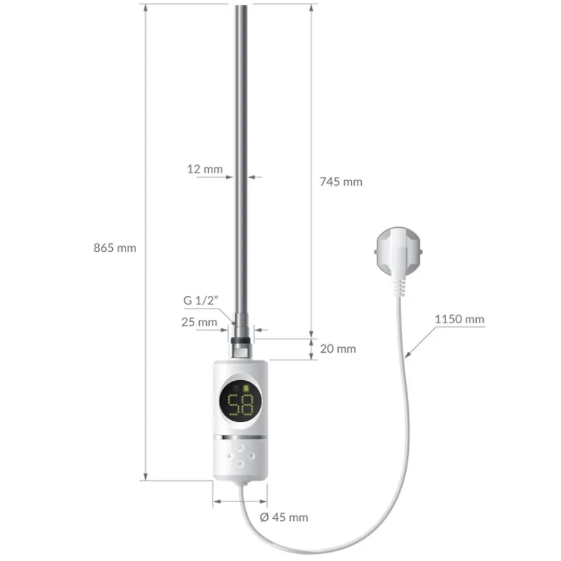 Elektrischer Badheizkörper mit Heizstab 900W 750x1800 mm Weiß gerade Seitenanschluss & Thermostat Digitalanzeige LuxeBath-ECD Germany Best