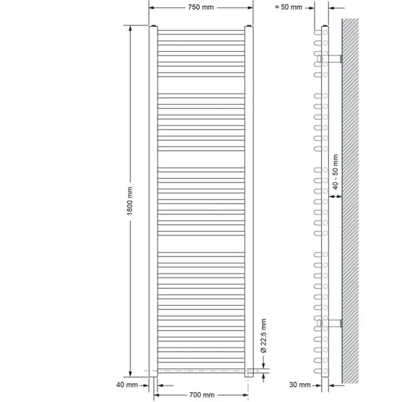 Elektrischer Badheizkörper mit Heizstab 900W 750x1800 mm Weiß gebogen Seitenanschluss & Thermostat Digitalanzeige LuxeBath-ECD Germany Discount