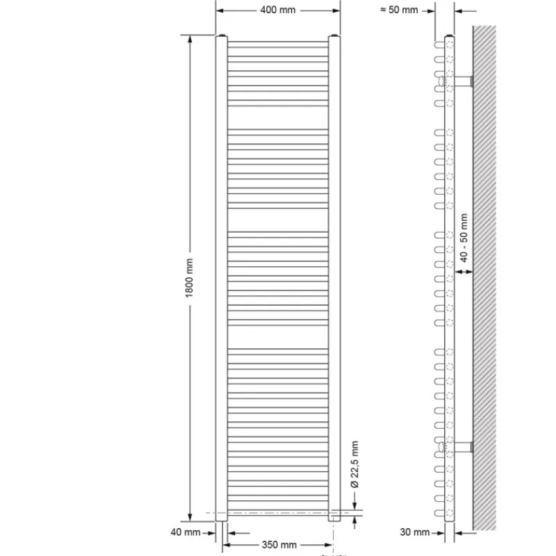 Elektrischer Badheizkörper mit Heizstab 900W 400x1800 mm Chrom gebogen mit Seitenanschluss-ECD Germany Online