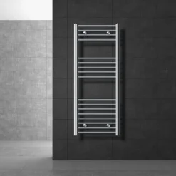 Elektrischer Badheizkörper mit Heizstab 1200W 500x1200 mm Chrome gebogen Seitenanschluss & Thermostat LuxeBath-ECD Germany Best