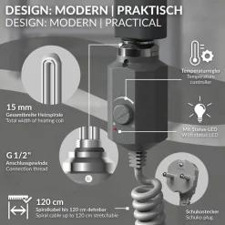 Elektrischer Badheizkörper mit Heizstab 1200W 600x1800 mm Anthrazit gerade mit Seitenanschluss-ECD Germany Discount