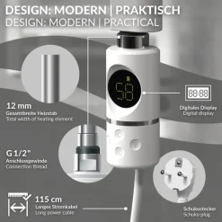 Elektrischer Badheizkörper mit Heizstab 900W 600x1200 mm Weiß gebogen Seitenanschluss & Thermostat LuxeBath-ECD Germany Outlet
