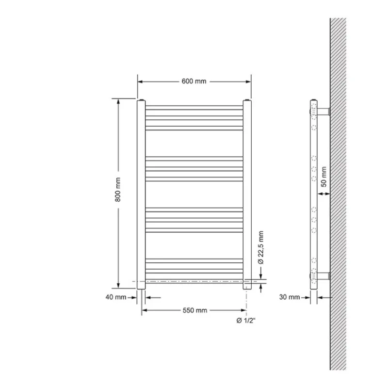 Elektrischer Badheizkörper mit Heizstab 300W 600x800 mm Weiß gerade Seitenanschluss & Thermostat Digitalanzeige LuxeBath-ECD Germany Hot