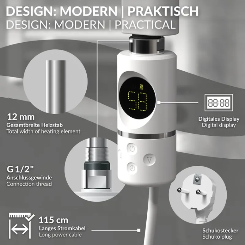 Elektrischer Badheizkörper mit Heizstab 1200W 600x1500 mm Weiß gebogen Seitenanschluss & Thermostat Digitalanzeige LuxeBath-ECD Germany Best