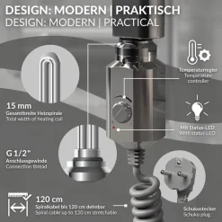 Elektrischer Badheizkörper mit Heizstab 1200W 600x1500 mm Chrome gerade mit Seitenanschluss LuxeBath-ECD Germany Outlet