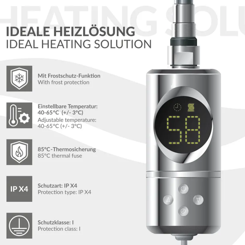 Elektrischer Badheizkörper mit Heizstab 1200W 500x1500 mm Chrome gebogen mit Seitenanschluss & Thermostat Digitalanzeige LuxeBath-ECD Germany Best