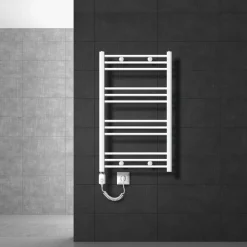 Elektrischer Badheizkörper mit Heizstab 300W 600x800 mm Weiß gebogen mit Seitenanschluss LuxeBath-ECD Germany Outlet