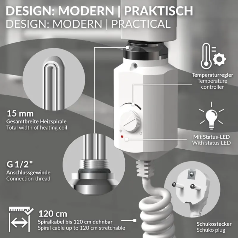 Elektrischer Badheizkörper mit Heizstab 300W 600x800 mm Weiß gebogen mit Seitenanschluss LuxeBath-ECD Germany Outlet
