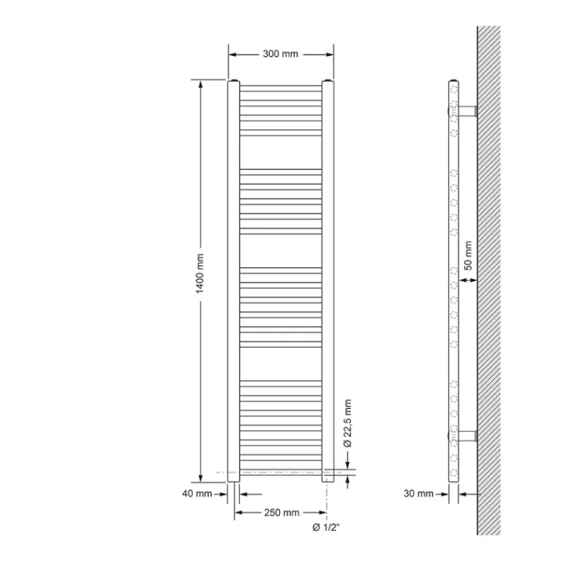 Elektrischer Badheizkörper mit Heizstab 1200W 300x1400 mm Anthrazit gerade Seitenanschluss & Thermostat LuxeBath-ECD Germany New