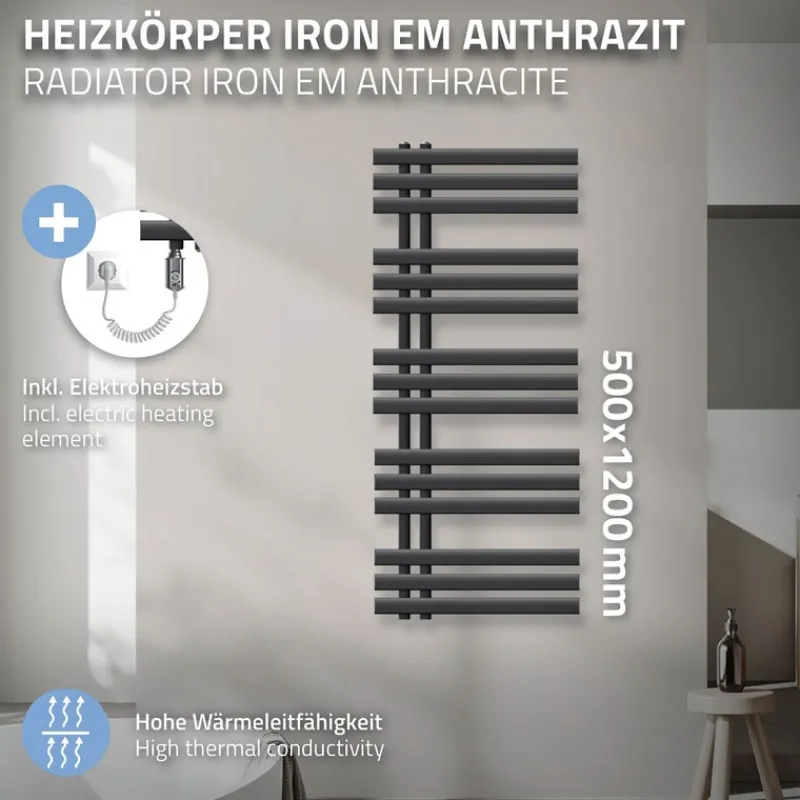 Elektrischer Badheizkörper mit Heizstab 900W 500x1200 mm Anthrazit-ECD Germany