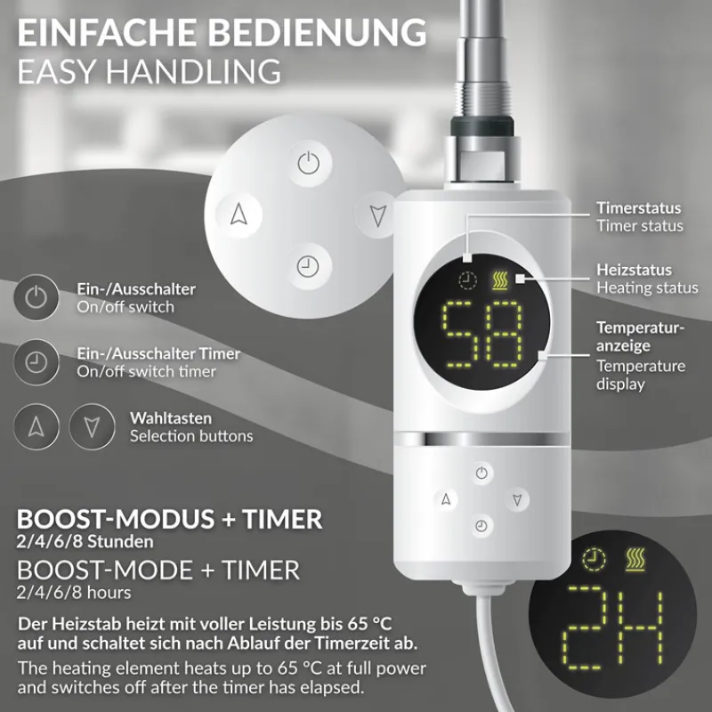 Elektrischer Badheizkörper mit Heizstab 1200W 500x1500 mm Weiß gebogen mit Seitenanschluss & Thermostat Digitalanzeige LuxeBath-ECD Germany Hot