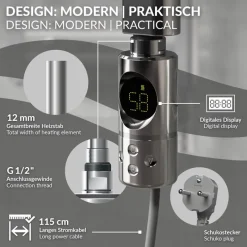 Elektrischer Badheizkörper mit Heizstab 300W 500x800 mm Chrom gebogen Seitenanschluss & Thermostat LuxeBath-ECD Germany Clearance