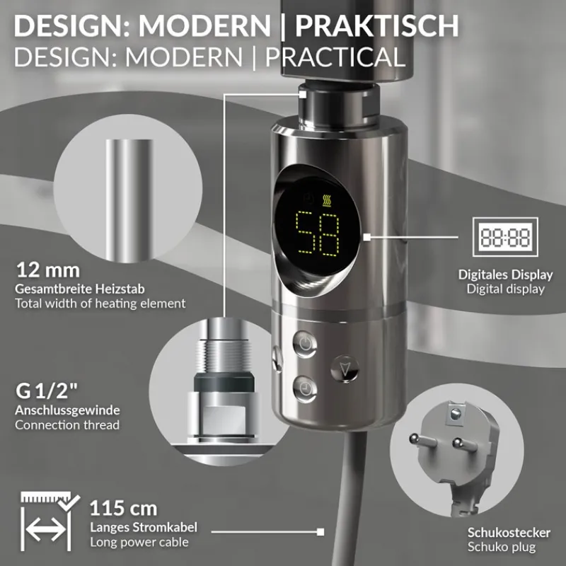 Elektrischer Badheizkörper mit Heizstab 300W 500x800 mm Chrom gebogen Seitenanschluss & Thermostat LuxeBath-ECD Germany Clearance