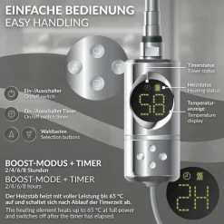 Elektrischer Badheizkörper mit Heizstab 300W 500x800 mm Chrom gebogen Seitenanschluss & Thermostat LuxeBath-ECD Germany Clearance