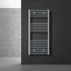 Elektrischer Badheizkörper mit Heizstab 1200W 600x1200 mm Chrom gebogen Seitenanschluss & Thermostat LuxeBath-ECD Germany Best