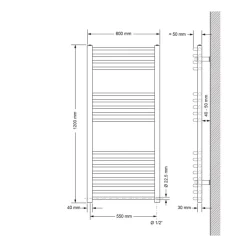 Elektrischer Badheizkörper mit Heizstab 1200W 600x1200 mm Chrom gebogen Seitenanschluss & Thermostat LuxeBath-ECD Germany Best