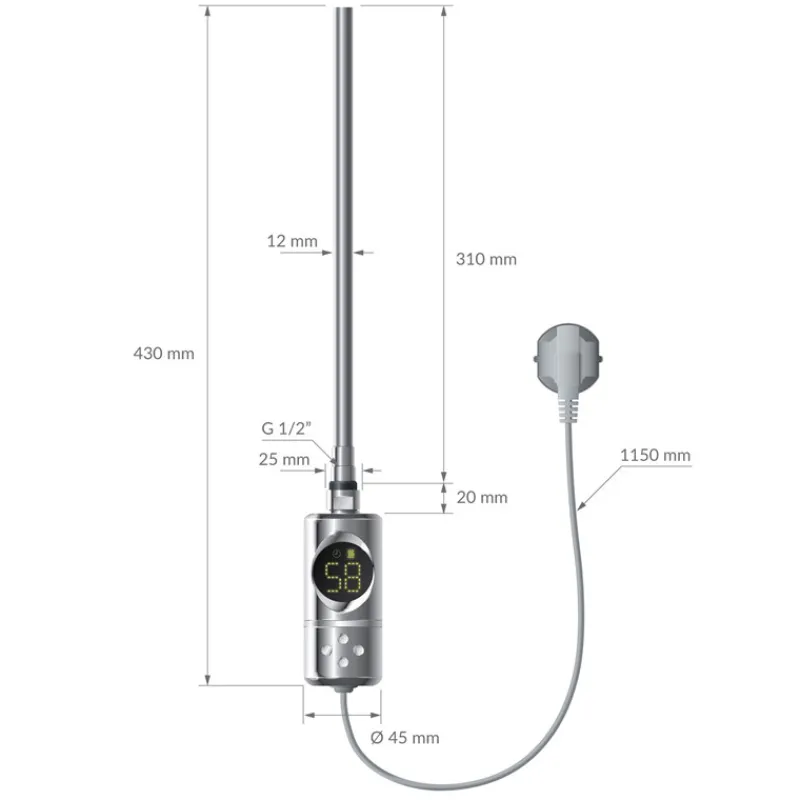 Elektrischer Badheizkörper mit Heizstab 300W 300x800 mm Chrome gerade Seitenanschluss & Thermostat Digitalanzeige LuxeBath-ECD Germany Online