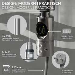 Elektrischer Badheizkörper mit Heizstab 1200W 600x1500 mm Chrom gerade Seitenanschluss & Thermostat Digitalanzeige LuxeBath-ECD Germany Outlet