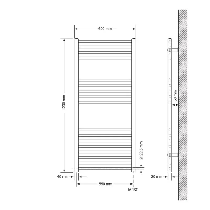 Elektrischer Badheizkörper mit Heizstab 1200W 600x1200 mm Weiß gerade mit Seitenanschluss LuxeBath-ECD Germany Outlet