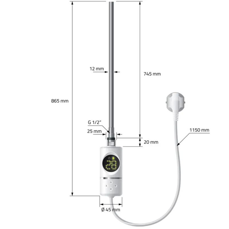 Elektrischer Badheizkörper mit Heizstab 1200W 600x1200 mm Weiß gerade mit Seitenanschluss LuxeBath-ECD Germany Outlet