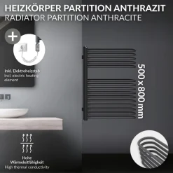 Elektrischer Badheizkörper mit Heizstab 300W 500x800 mm Anthrazit ML-Design-ECD Germany Hot
