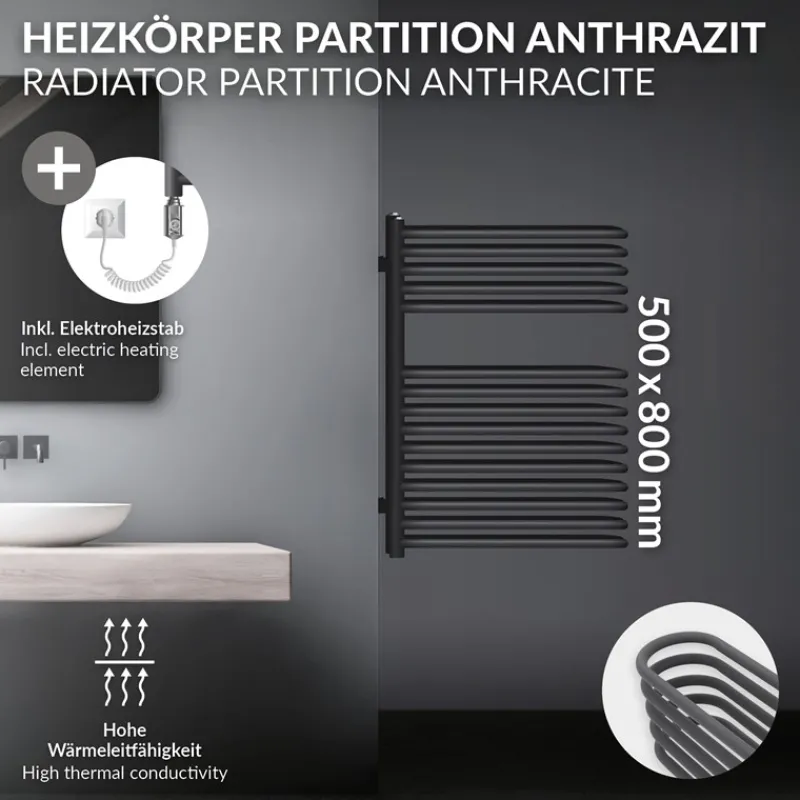 Elektrischer Badheizkörper mit Heizstab 300W 500x800 mm Anthrazit ML-Design-ECD Germany Hot