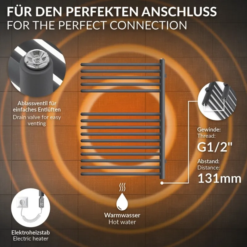 Elektrischer Badheizkörper mit Heizstab 300W 500x800 mm Anthrazit ML-Design-ECD Germany Hot