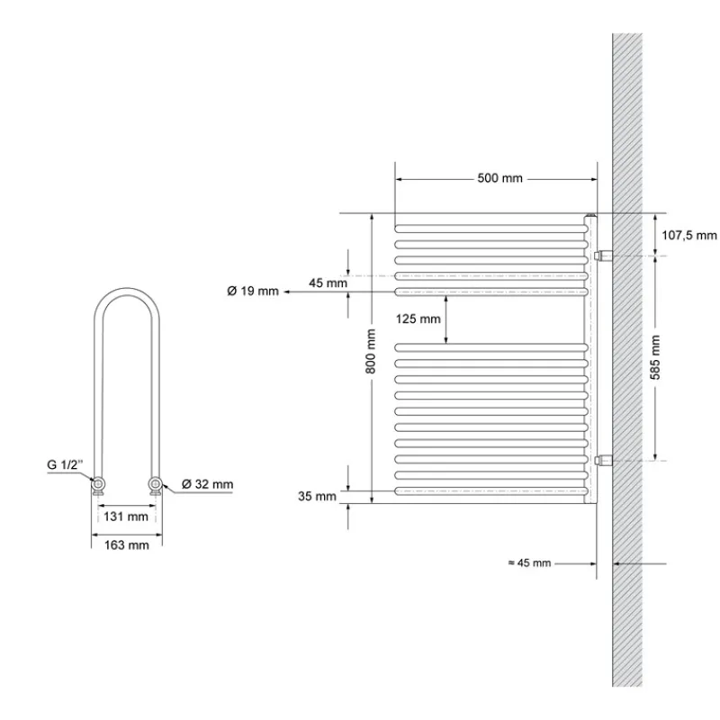 Elektrischer Badheizkörper mit Heizstab 300W 500x800 mm Anthrazit ML-Design-ECD Germany Hot