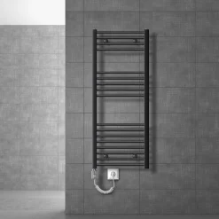 Elektrischer Badheizkörper mit Heizstab 1200W 500x1200 mm Anthrazit gebogen Seitenanschluss & Thermostat Digitalanzeige LuxeBath-ECD Germany New