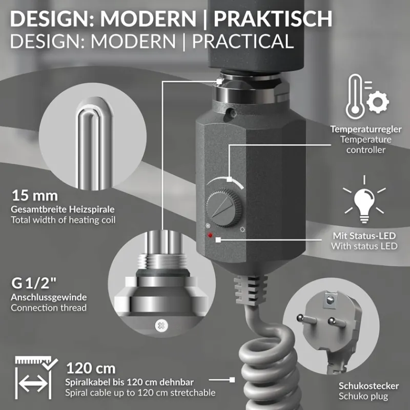 Elektrischer Badheizkörper mit Heizstab 1200W 500x1500 mm Anthrazit gebogen mit Seitenanschluss LuxeBath-ECD Germany Sale