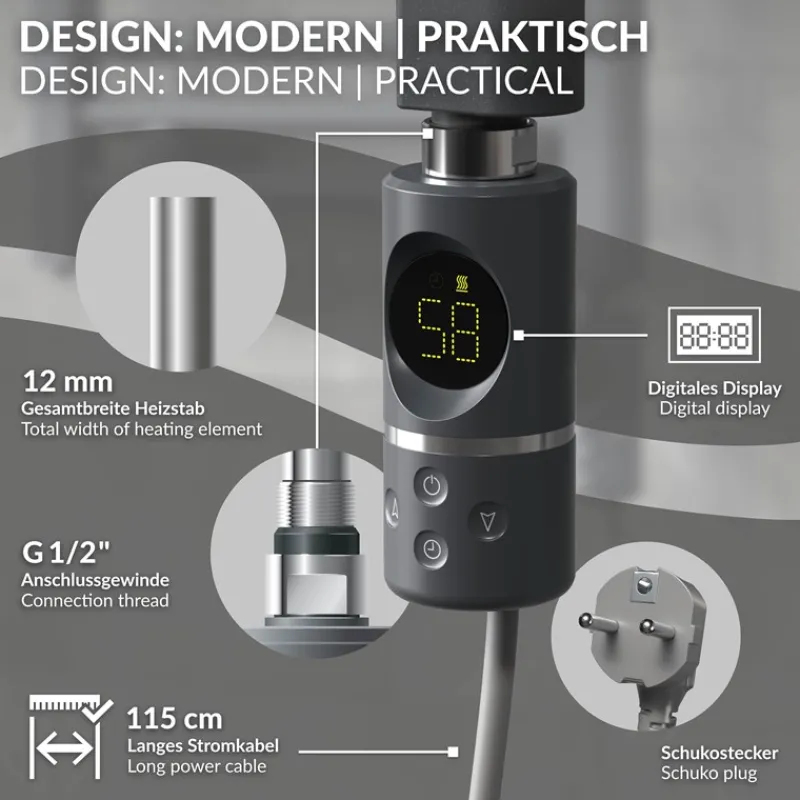 Elektrischer Badheizkörper mit Heizstab 1200W 400x1500 mm Anthrazit gebogen Seitenanschluss & Thermostat LuxeBath-ECD Germany Sale
