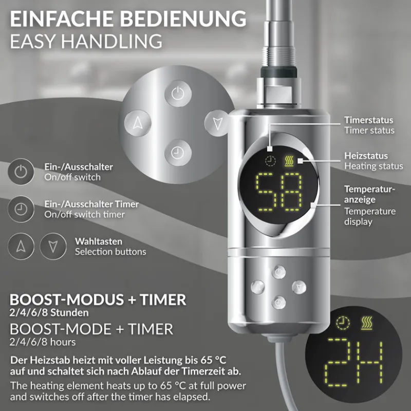 Elektrischer Badheizkörper mit Heizstab 600W 400x800 mm Chrome gebogen mit Seitenanschluss & Thermostat Digitalanzeige LuxeBath-ECD Germany Best