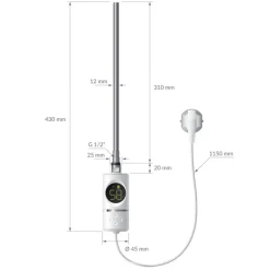 Elektrischer Badheizkörper mit Heizstab 300W 300x800 mm Weiß gerade Seitenanschluss & Thermostat Digitalanzeige LuxeBath-ECD Germany