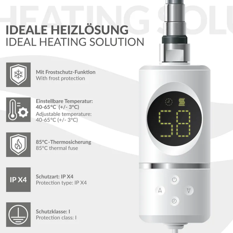 Elektrischer Badheizkörper mit Heizstab 1200W 400x1500 mm Weiß gebogen mit Seitenanschluss & Thermostat Digitalanzeige LuxeBath-ECD Germany New