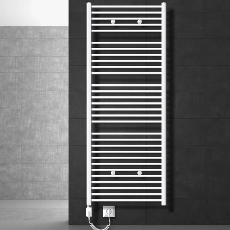 Elektrischer Badheizkörper mit Heizstab 900W 750x1800 mm Weiß gebogen Seitenanschluss LuxeBath-ECD Germany Best