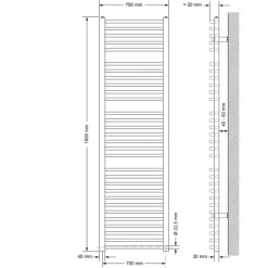 Elektrischer Badheizkörper mit Heizstab 1200W 750x1800 mm Weiß gebogen mit Seitenanschluss LuxeBath-ECD Germany