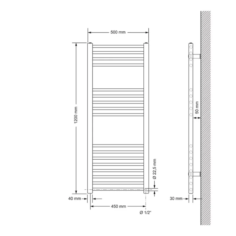 Elektrischer Badheizkörper mit Heizstab 1200W 500x1200 mm Anthrazit gerade mit Seitenanschluss LuxeBath-ECD Germany Discount