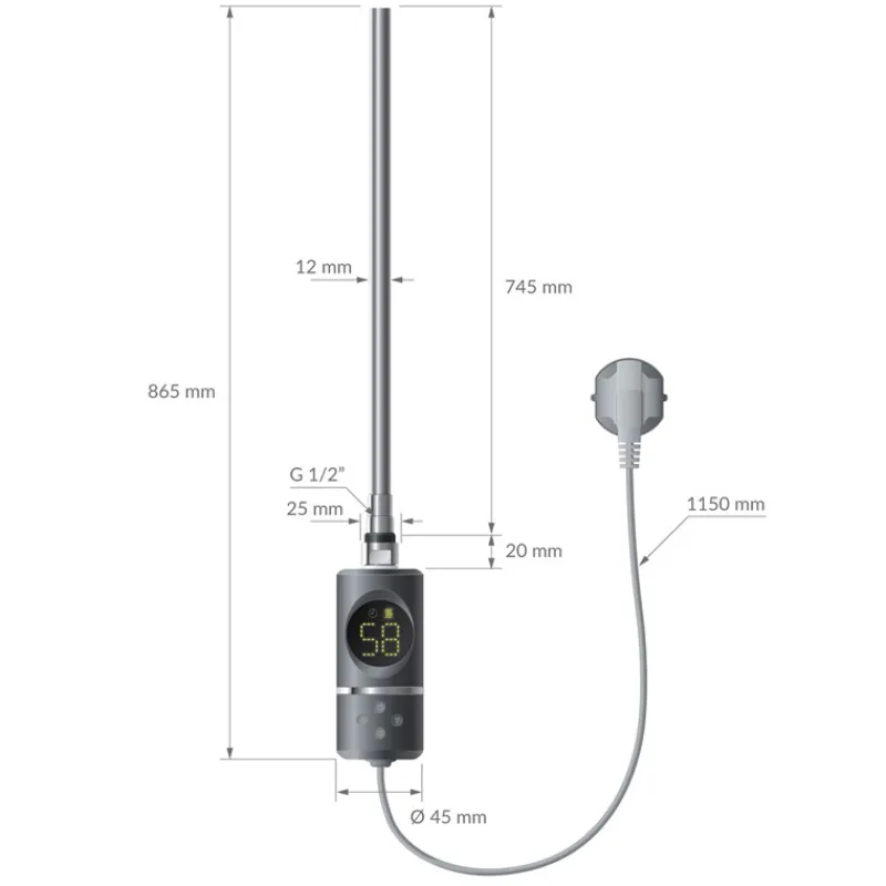 Elektrischer Badheizkörper mit Heizstab 1200W 600x1200 mm Anthrazit gerade Seitenanschluss & Thermostat LuxeBath-ECD Germany Clearance