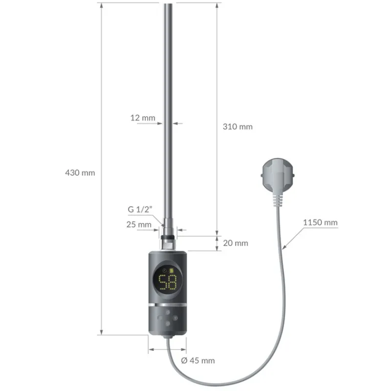 Elektrischer Badheizkörper mit Heizstab 300W 500x800 mm Anthrazit gerade Seitenanschluss & Thermostat LuxeBath-ECD Germany Best