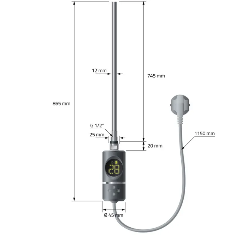 Elektrischer Badheizkörper mit Heizstab 1200W 500x1500 mm Anthrazit gerade mit Seitenanschluss LuxeBath-ECD Germany New