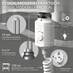 Elektrischer Badheizkörper mit Heizstab 1200W 400x1500 mm Weiß gebogen mit Seitenanschluss LuxeBath-ECD Germany Hot