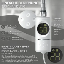 Elektrischer Badheizkörper mit Heizstab 1200W 750x1800 mm Weiß gerade Seitenanschluss & Thermostat Digitalanzeige LuxeBath-ECD Germany