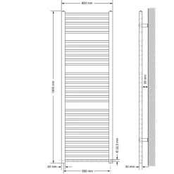 Elektrischer Badheizkörper mit Heizstab 900W 600x1800 mm Chrom gerade mit Seitenanschluss-ECD Germany New
